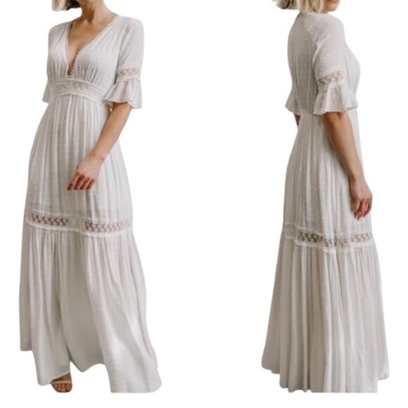 Baltic Born Rayne Deep V White Pin-tuck Maxi dress size large - Picture 2 of 12